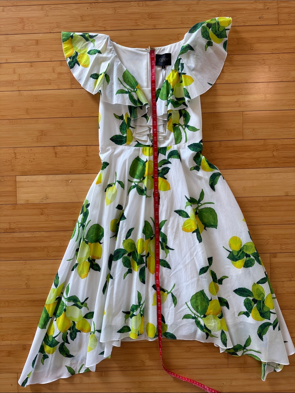 White Lemon-Print High-Low Ruffle Dress with Green Leaves - Picture 2 of 7